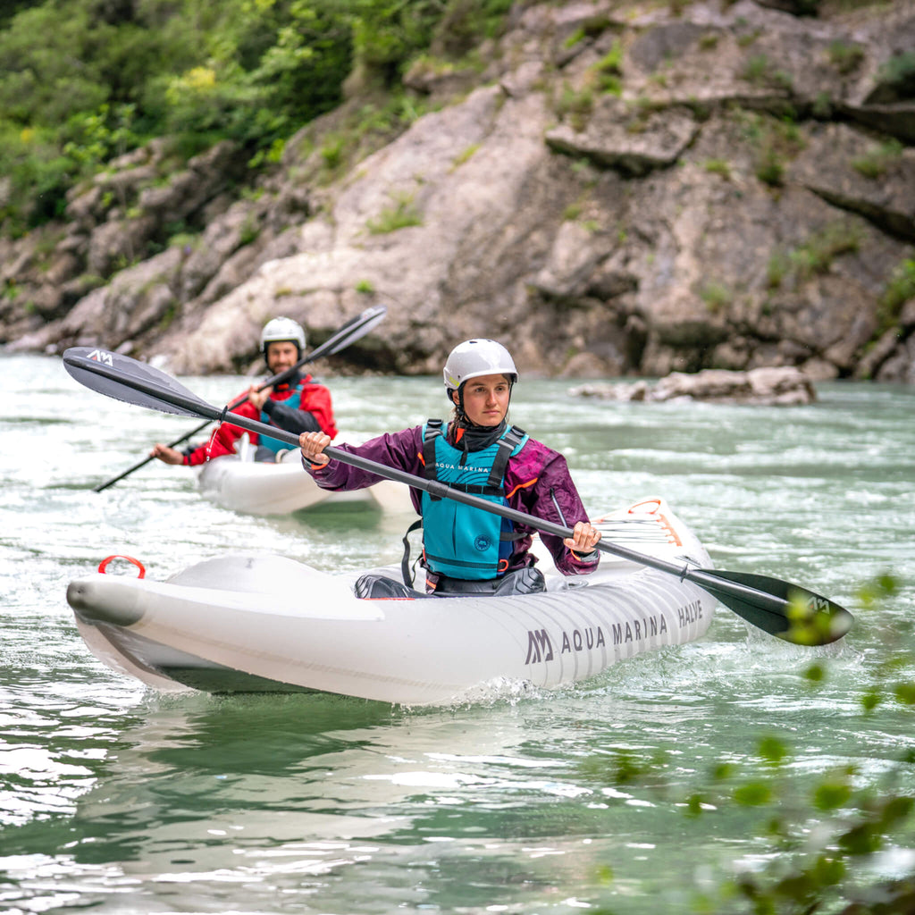 Aqua Marina Halve Ultra-Light Packayak™ 2-Person Kayak With DWF Deck [Paddle Excluded] [HA-398] (SAK41876) - Saksby Wholesale - Lifestyle With Two People Using It Front View