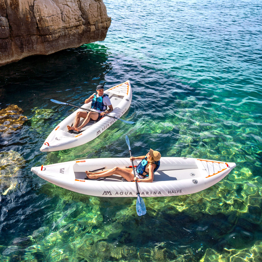 Aqua Marina Halve Ultra-Light Packayak™ 2-Person Kayak With DWF Deck [Paddle Excluded] [HA-398] (SAK41876) - Saksby Wholesale - Lifestyle With Two People Using It Top View