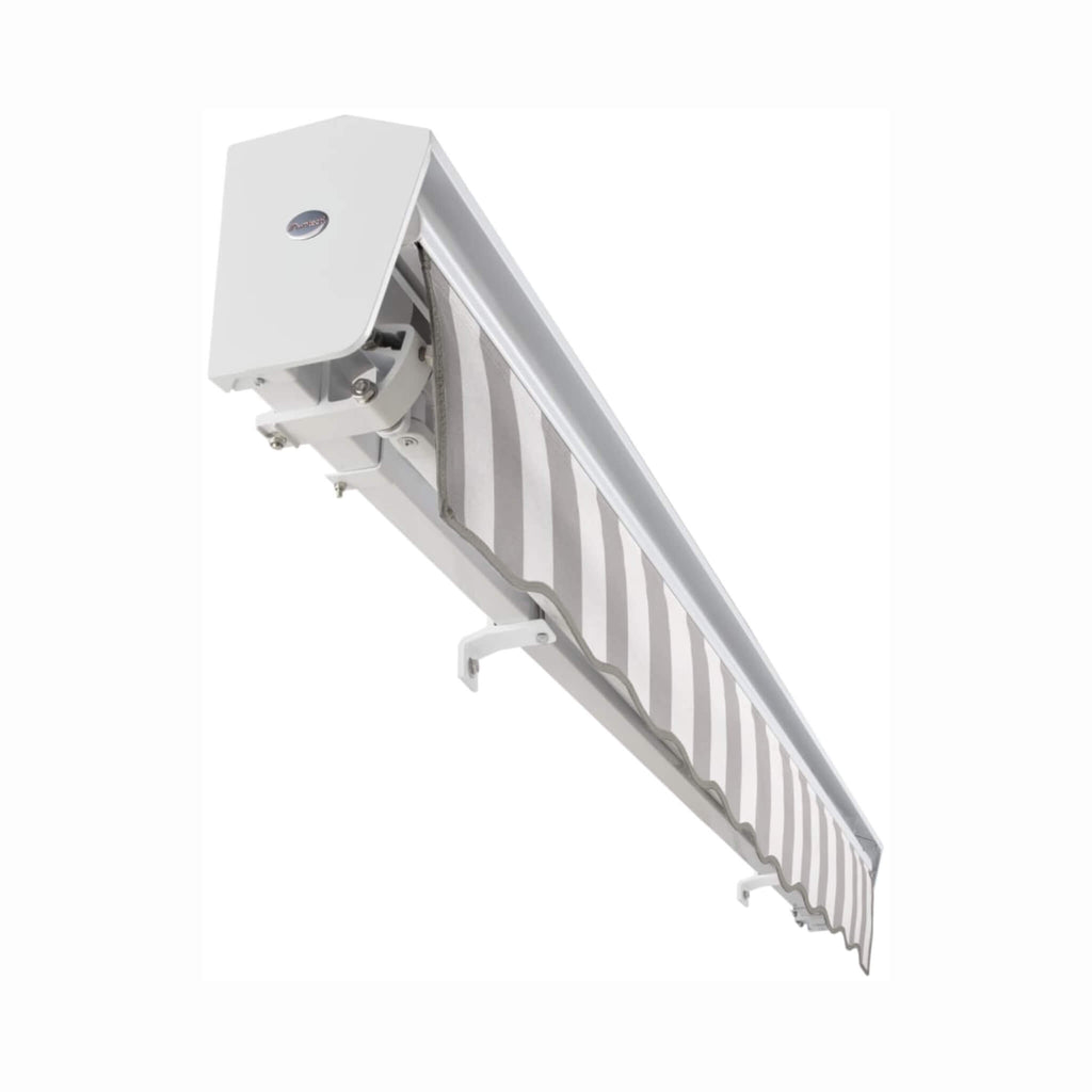 Awntech Destin Premium Retractable Patio Awning [Made-To-Order] (SAK74612) - Saksby Wholesale -
Bottom View Rolled Up Gray And White Stripes