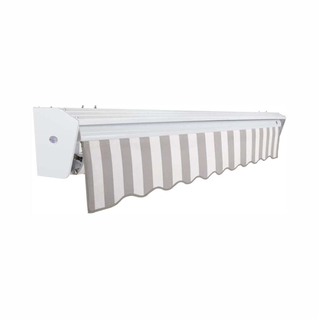 Awntech Destin Premium Retractable Patio Awning [Made-To-Order] (SAK74612) - Saksby Wholesale -
Front Right View Rolled Up Gray And White Stripes