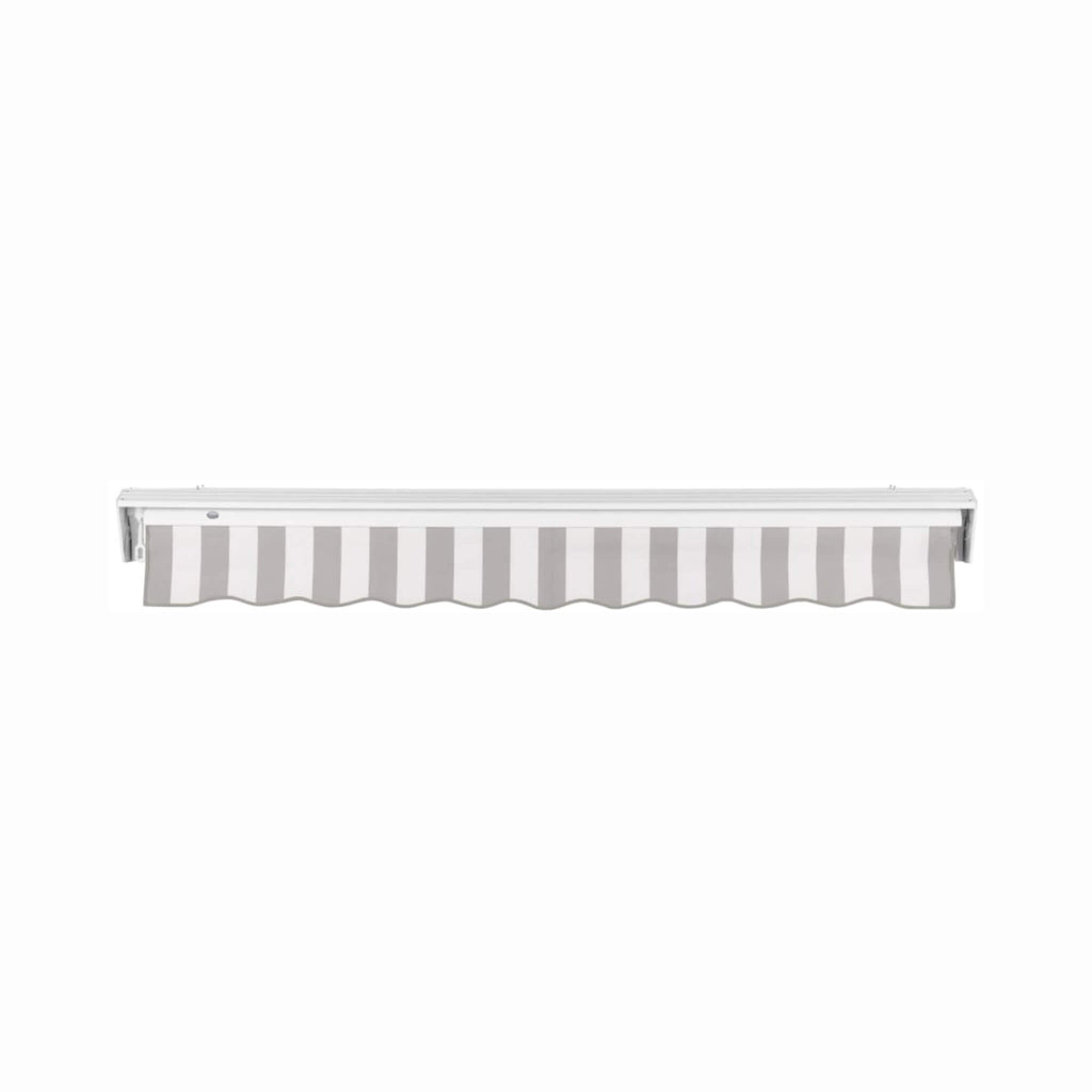 Awntech Destin Premium Retractable Patio Awning [Made-To-Order] (SAK74612) - Saksby Wholesale - Front View Rolled Up Gray And White Stripes