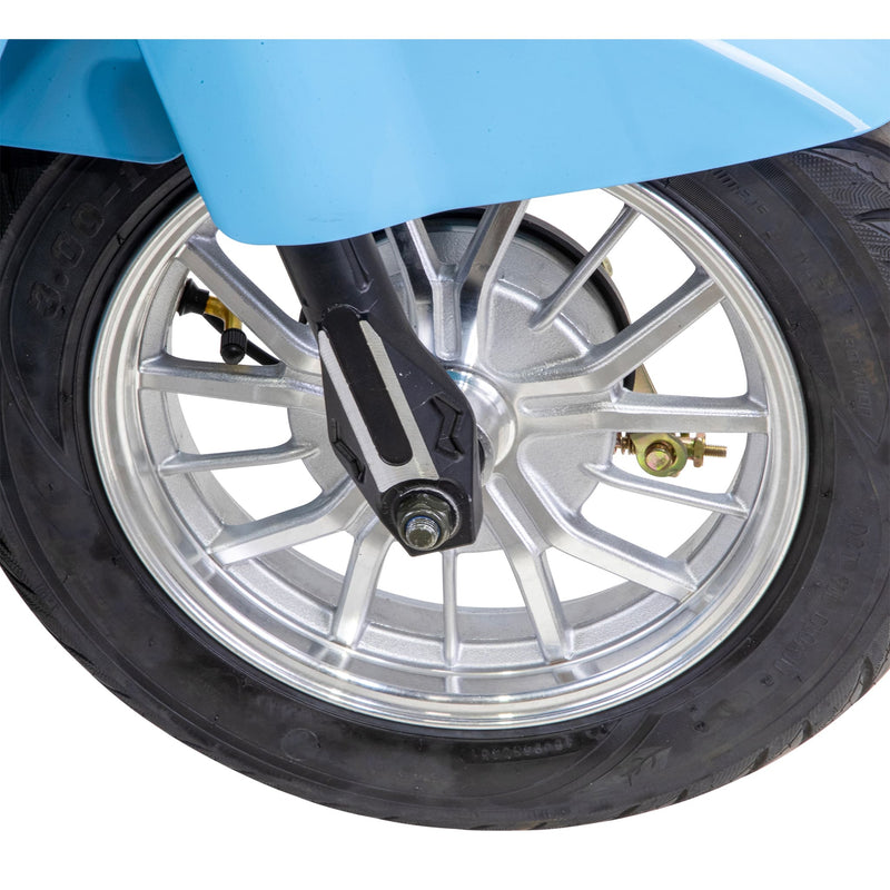 Bespoke Elite Premium Electric Mobility Scooter with Electronic Speed Control, 400lbs, Blue and White SAK29053 Saksby - Front Wheel