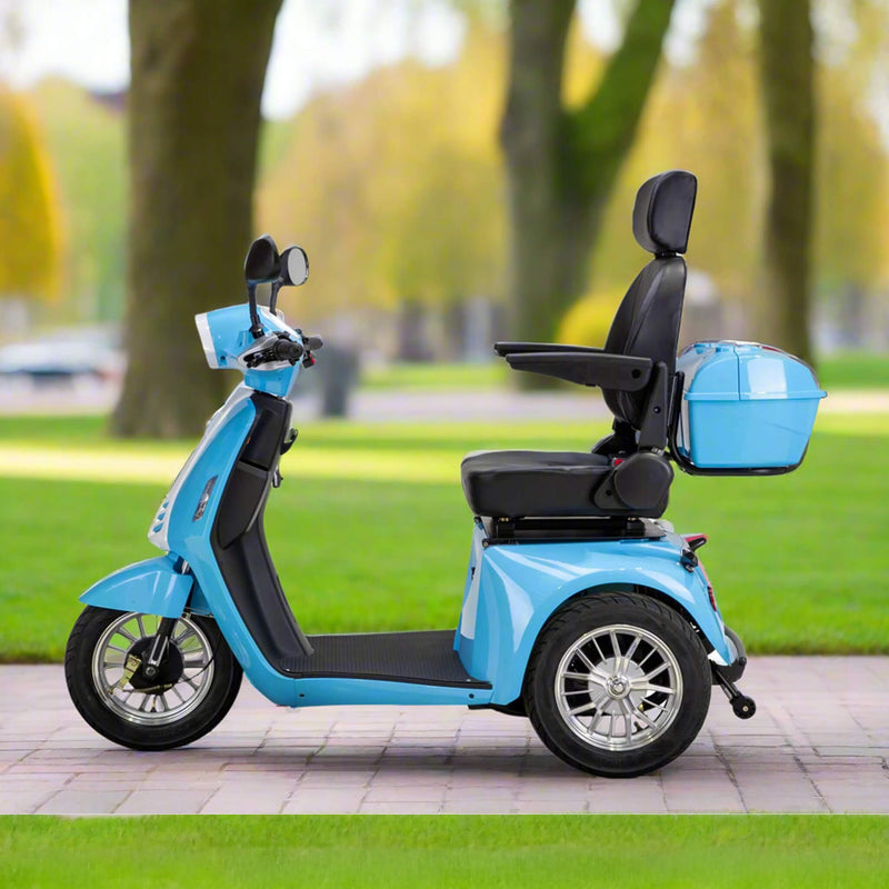 Bespoke Elite Premium Electric Mobility Scooter With Electronic Speed Control 400lbs Blue And White Sak29053 Saksby -  Lifestyle In A Park On A Sunny Day