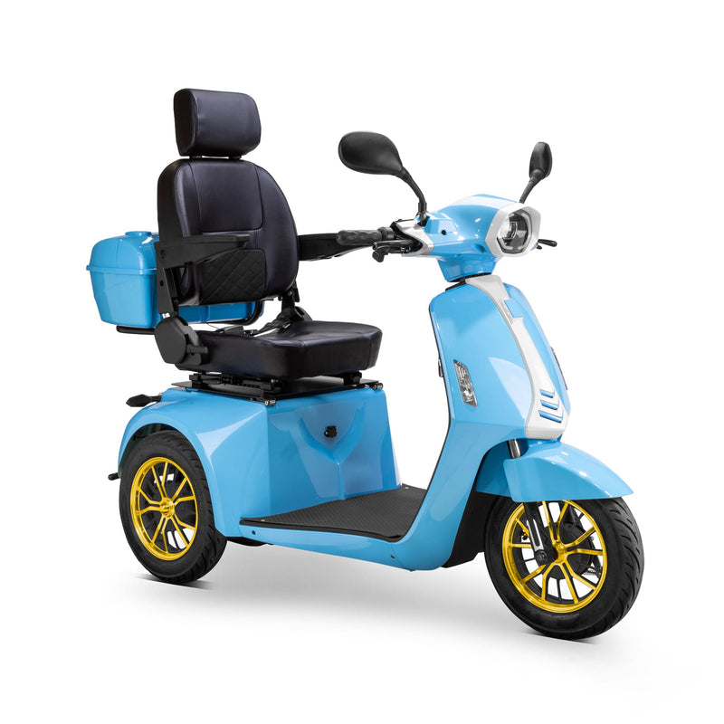 Bespoke Elite Premium Electric Mobility Scooter with Electronic Speed Control, 400lbs, Blue and White SAK29053 Saksby - with Black Seat and Gold Rims