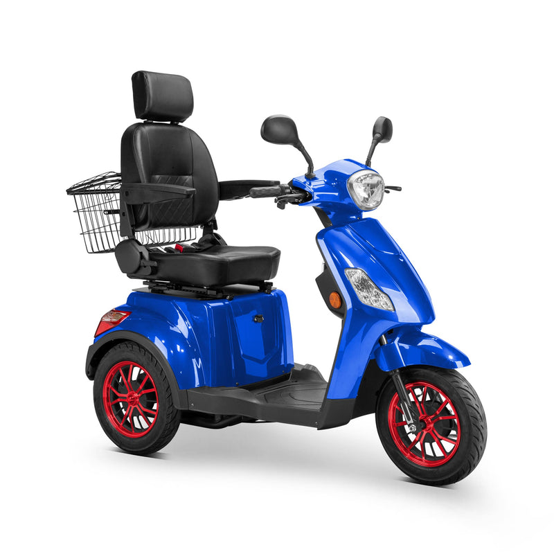 Bespoke Legacy Premium Electric Mobility Scooter With Electronic Speed Control 400lbs Blue Sak34671 Saksby - Front Right Side View With Black Seat And Red Rims