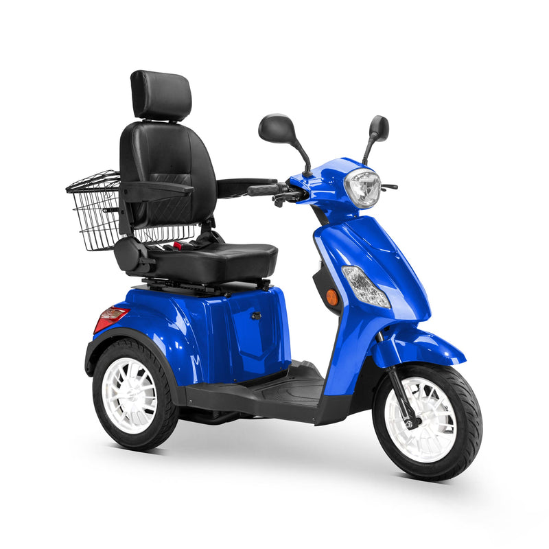 Bespoke Legacy Premium Electric Mobility Scooter With Electronic Speed Control 400lbs Blue Sak34671 Saksby - Front Right Side View With Black Seat And White Rims
