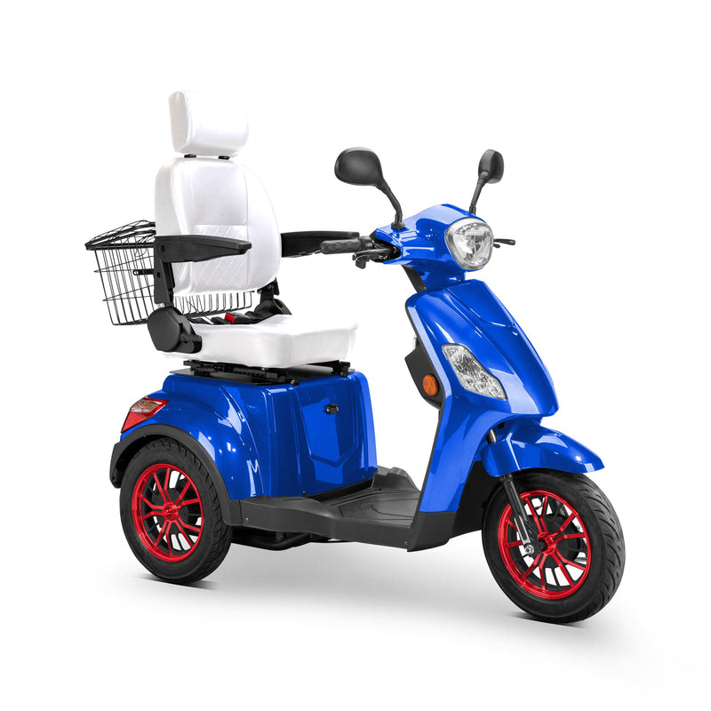 Bespoke Legacy Premium Electric Mobility Scooter With Electronic Speed Control 400lbs Blue Sak34671 Saksby - Front Right Side View With White Seat And Red Rims
