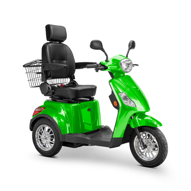 Bespoke Legacy Premium Electric Mobility Scooter With Electronic Speed Control 400lbs Green Sak34671 Saksby - Front Right Side View With Black Seat And Chrome Rims