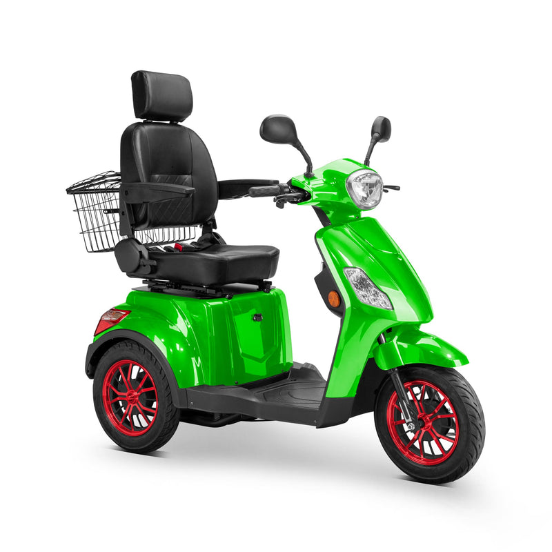 Bespoke Legacy Premium Electric Mobility Scooter With Electronic Speed Control 400lbs Green Sak34671 Saksby - Front Right Side View With Black Seat And Red Rims