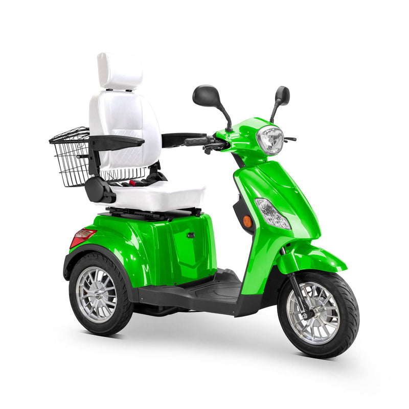 Bespoke Legacy Premium Electric Mobility Scooter With Electronic Speed Control 400lbs Green Sak34671 Saksby - Front Right Side View With White Seat And Chrome Rims