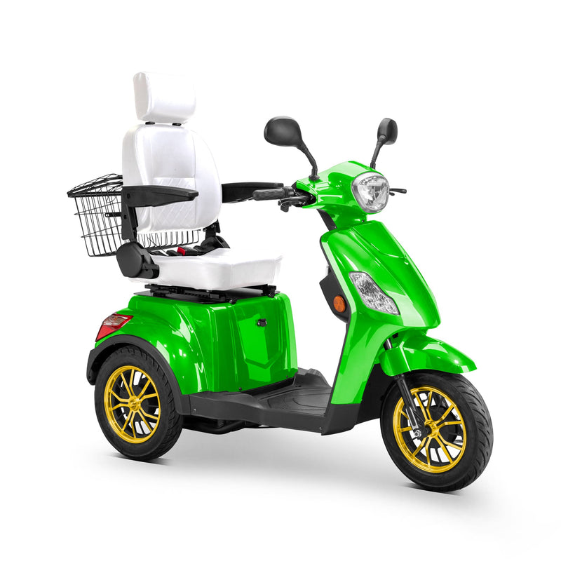 Bespoke Legacy Premium Electric Mobility Scooter With Electronic Speed Control 400lbs Green Sak34671 Saksby - Front Right Side View With White Seat And Gold Rims