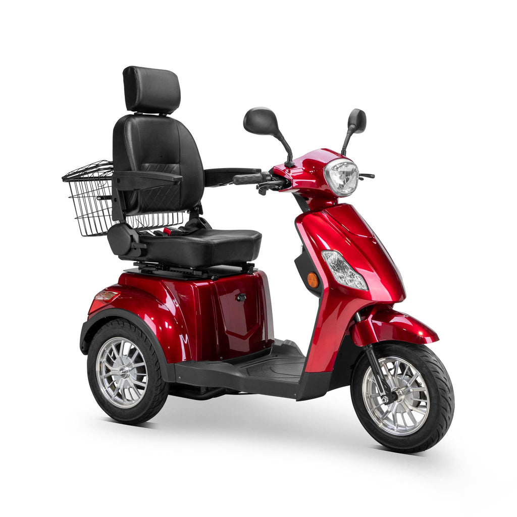 Bespoke Legacy Premium Electric Mobility Scooter With Electronic Speed Control 400lbs Red Sak34671 Saksby - Front Right Side View With Black Seat And Chrome Rims