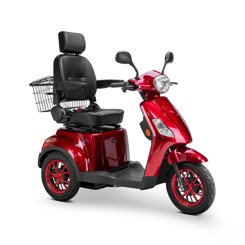Bespoke Legacy Premium Electric Mobility Scooter With Electronic Speed Control 400lbs Red Sak34671 Saksby - Front Right Side View With Black Seat And Red Rims