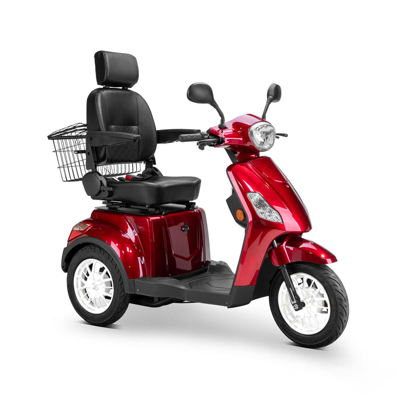 Bespoke Legacy Premium Electric Mobility Scooter With Electronic Speed Control 400lbs Red Sak34671 Saksby - Front Right Side View With Black Seat And White Rims