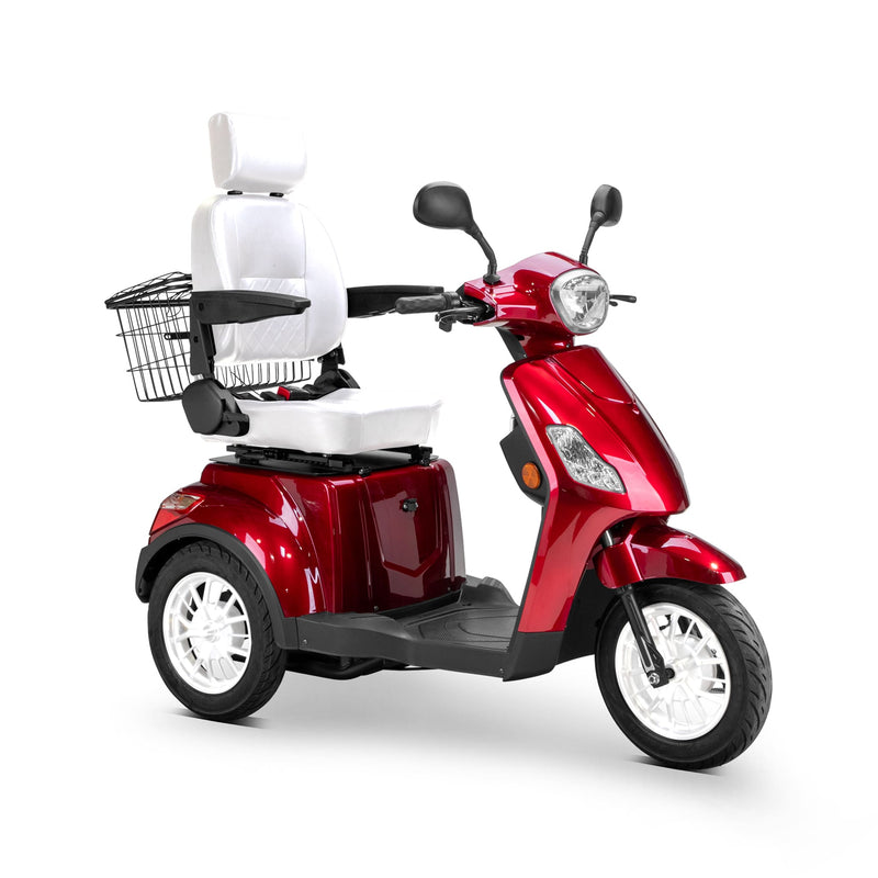 Bespoke Legacy Premium Electric Mobility Scooter With Electronic Speed Control 400lbs Red Sak34671 Saksby - Front Right Side View With White Seat And White Rims