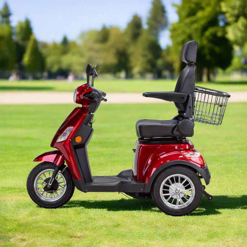Bespoke Legacy Premium Electric Mobility Scooter With Electronic Speed Control 400lbs Red Sak34671 Saksby - Lifestyle Left Side View In A Park On A Sunny Day