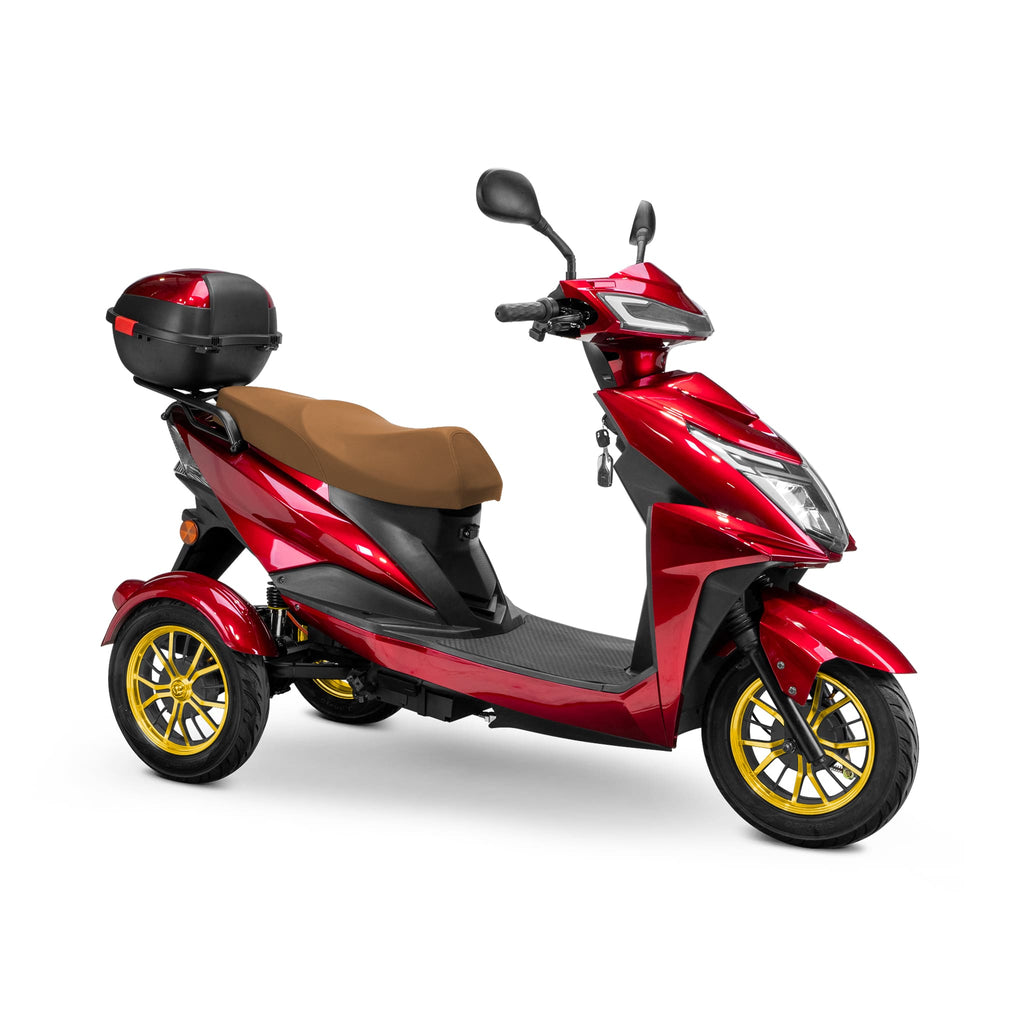 Bespoke Regal Premium Electric Mobility Scooter With Electronic Speed Control 400lbs Red SAK28351 Saksby - With Brown Seat And Gold Rims