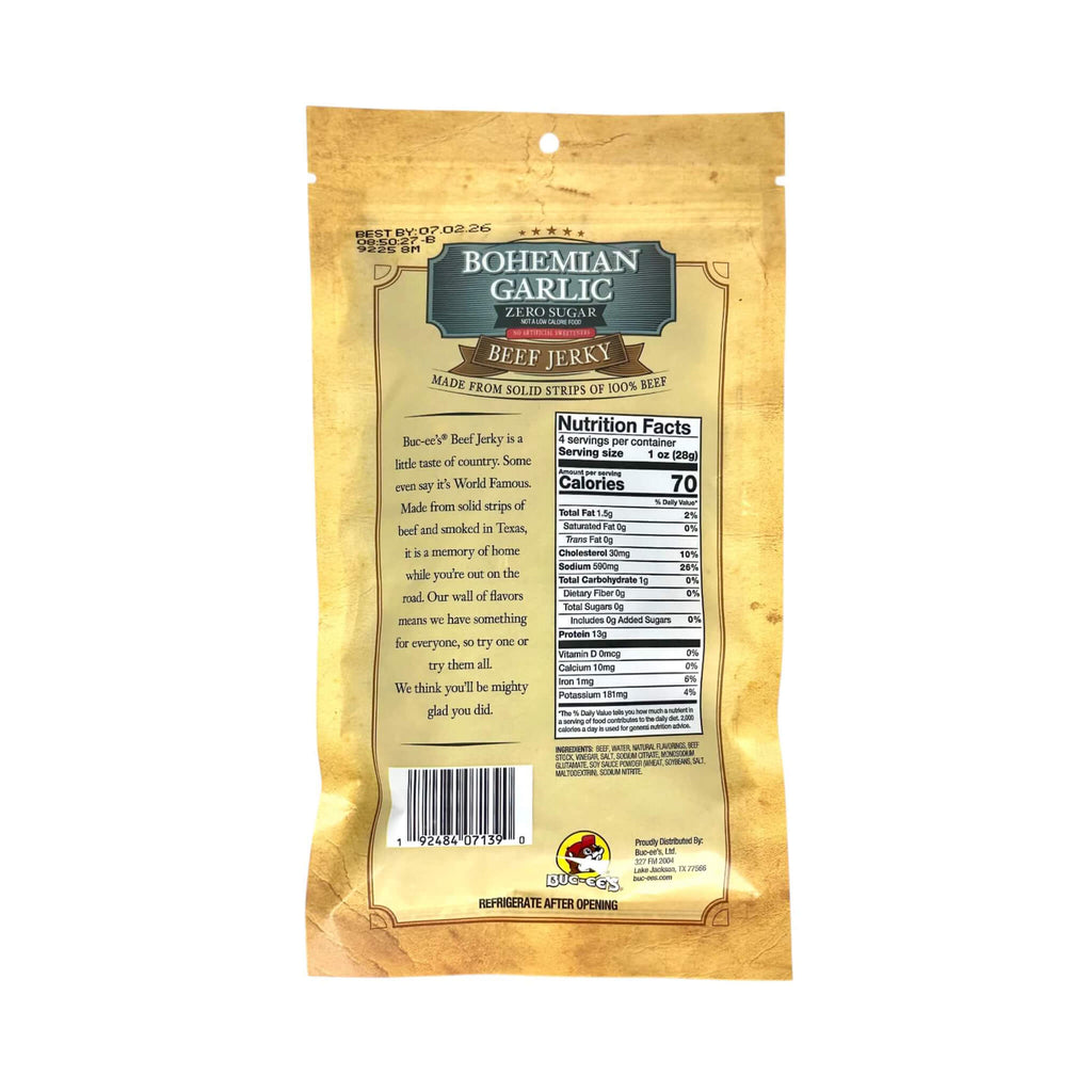 Bohemian Garlic Zero Sugar Beef Jerky (SAK31576) - Saksby Wholesale - Back View
