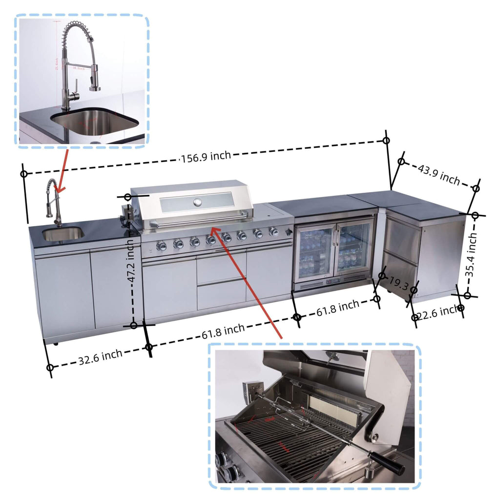 Castelle Flame 62-Inch 6-Burner Gas Outdoor Grill Island With Wine Cooler And Rotisserie (SAK31642) - Saksby Wholesale - Dimensions