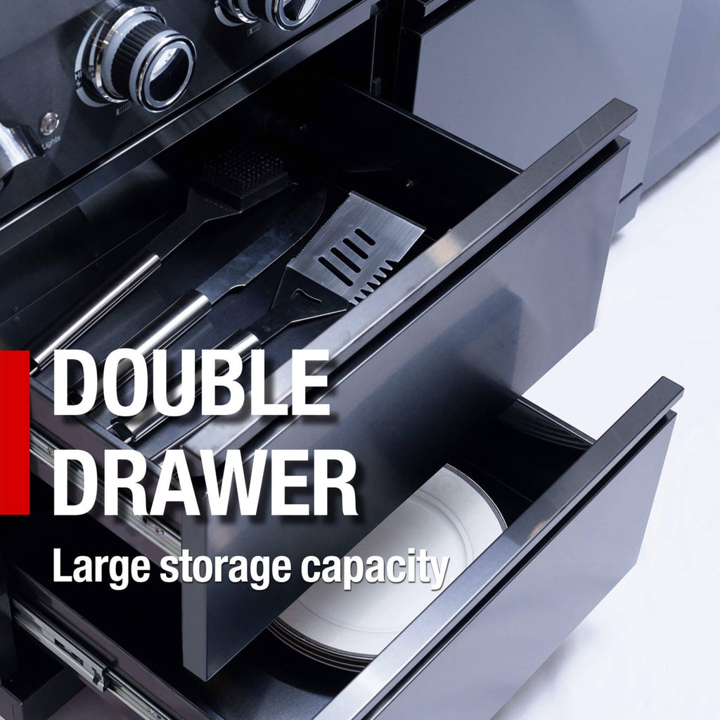 Castelle Flame 85K BTU Outdoor BBQ Kitchen Grill Island With 43-Inch 6-Burner Grill, Wine Fridge, Rotisserie Kit, And Sink (SAK23864) - Saksby Wholesale - Drawer View