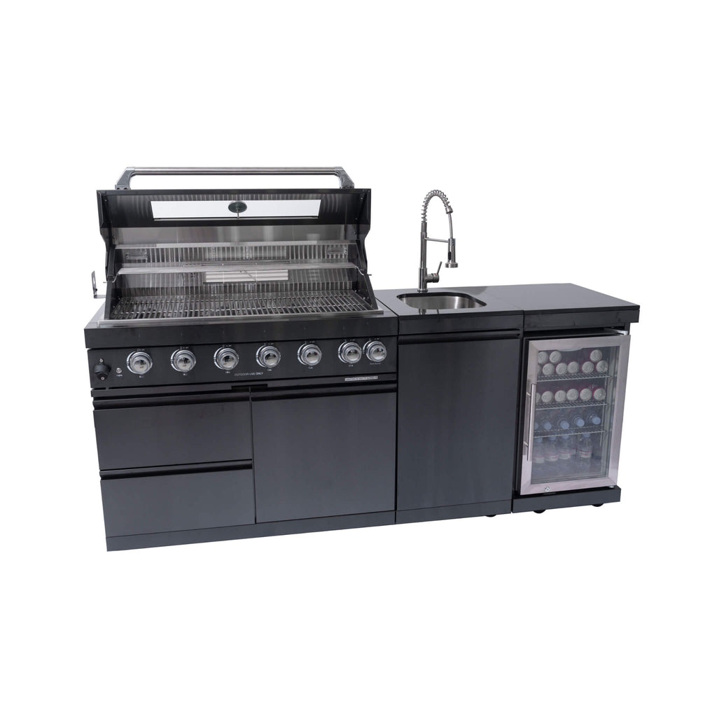 Castelle Flame 85K BTU Outdoor BBQ Kitchen Grill Island With 43-Inch 6-Burner Grill, Wine Fridge, Rotisserie Kit, And Sink (SAK23864) - Saksby Wholesale - Front Right View