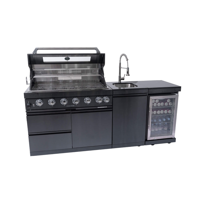 Castelle Flame 85K BTU Outdoor BBQ Kitchen Grill Island With 43-Inch 6-Burner Grill, Wine Fridge, Rotisserie Kit, And Sink (SAK23864) - Saksby Wholesale - Front Right View