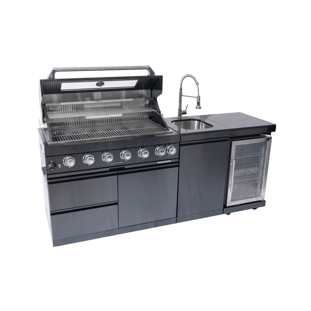 Castelle Flame 85K BTU Outdoor BBQ Kitchen Grill Island With 43-Inch 6-Burner Grill, Wine Fridge, Rotisserie Kit, And Sink (SAK23864) - Saksby Wholesale - Front Right View