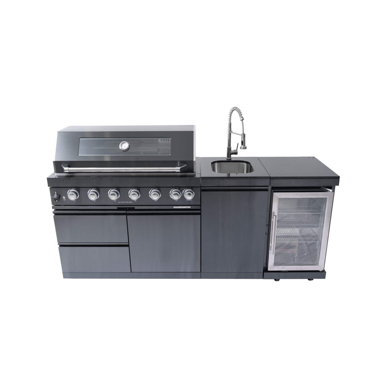Castelle Flame 85K BTU Outdoor BBQ Kitchen Grill Island With 43-Inch 6-Burner Grill, Wine Fridge, Rotisserie Kit, And Sink (SAK23864) - Saksby Wholesale - Front View