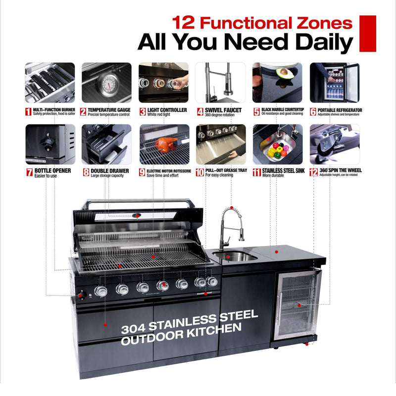 Castelle Flame 85K BTU Outdoor BBQ Kitchen Grill Island With 43-Inch 6-Burner Grill, Wine Fridge, Rotisserie Kit, And Sink (SAK23864) - Saksby Wholesale - Features View