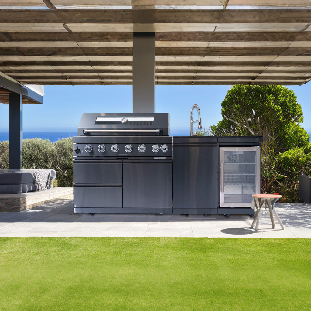 Castelle Flame 85K BTU Outdoor BBQ Kitchen Grill Island With 43-Inch 6-Burner Grill, Wine Fridge, Rotisserie Kit, And Sink (SAK23864) - Saksby Wholesale - Outdoor View