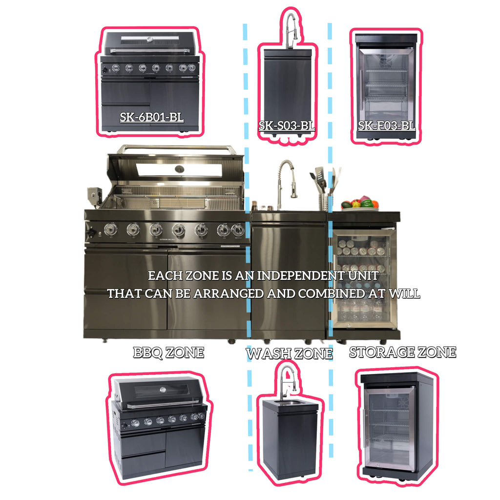 Castelle Flame 85K BTU Outdoor BBQ Kitchen Grill Island With 43-Inch 6-Burner Grill, Wine Fridge, Rotisserie Kit, And Sink (SAK23864) - Saksby Wholesale - Parts View