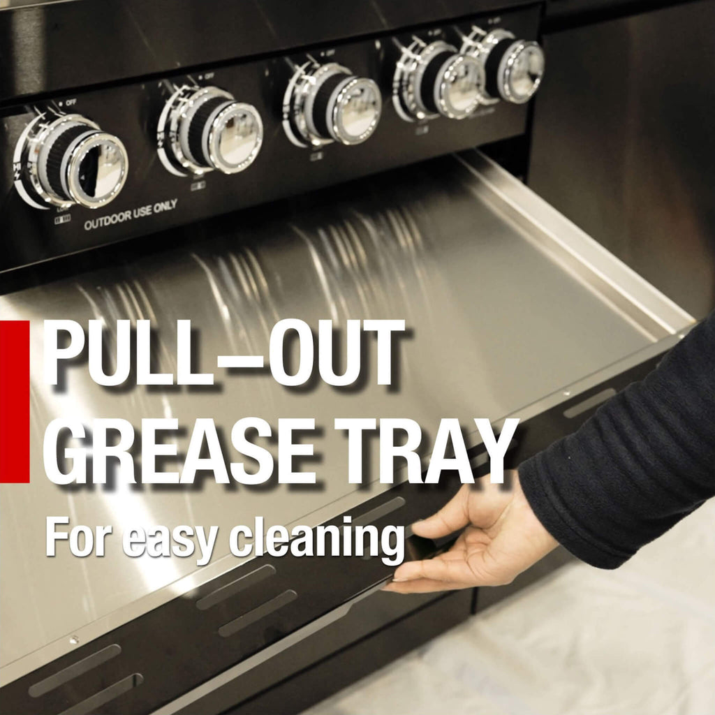 Castelle Flame 85K BTU Outdoor BBQ Kitchen Grill Island With 43-Inch 6-Burner Grill, Wine Fridge, Rotisserie Kit, And Sink (SAK23864) - Saksby Wholesale - Tray View