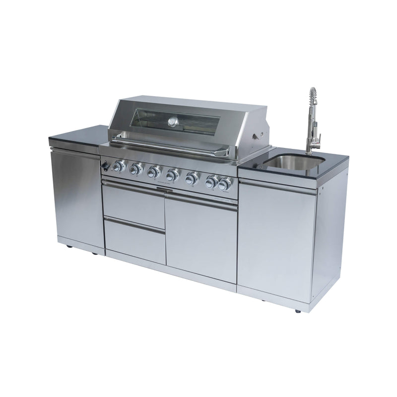 Castelle Flame Granite Outdoor BBQ Kitchen Island With 43-Inch 6-Burner Gas Grill, Rotisserie Kit, Cabinets, And Sink (SAK73518) - Front Left View