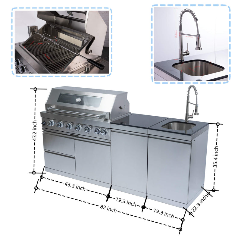 Castelle Flame Granite Outdoor BBQ Kitchen Island With 43-Inch 6-Burner Gas Grill, Rotisserie Kit, Cabinets, And Sink (SAK73518) - Dimension View