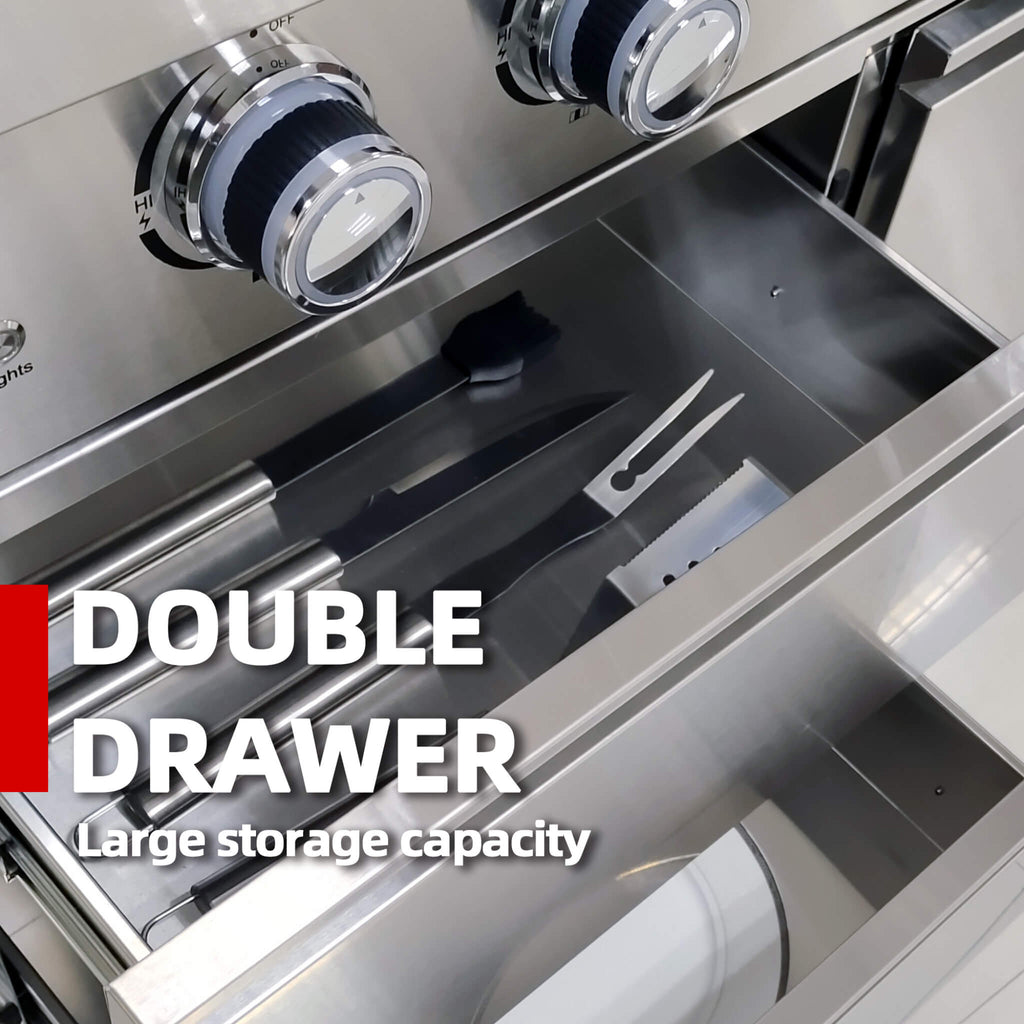 Castelle Flame Granite Outdoor BBQ Kitchen Island With 43-Inch 6-Burner Gas Grill, Rotisserie Kit, Cabinets, And Sink (SAK73518) - Double Drawer View