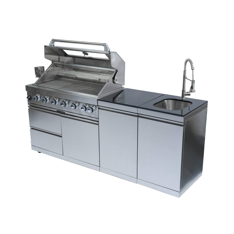 Castelle Flame Granite Outdoor BBQ Kitchen Island With 43-Inch 6-Burner Gas Grill, Rotisserie Kit, Cabinets, And Sink (SAK73518) - Front Left View