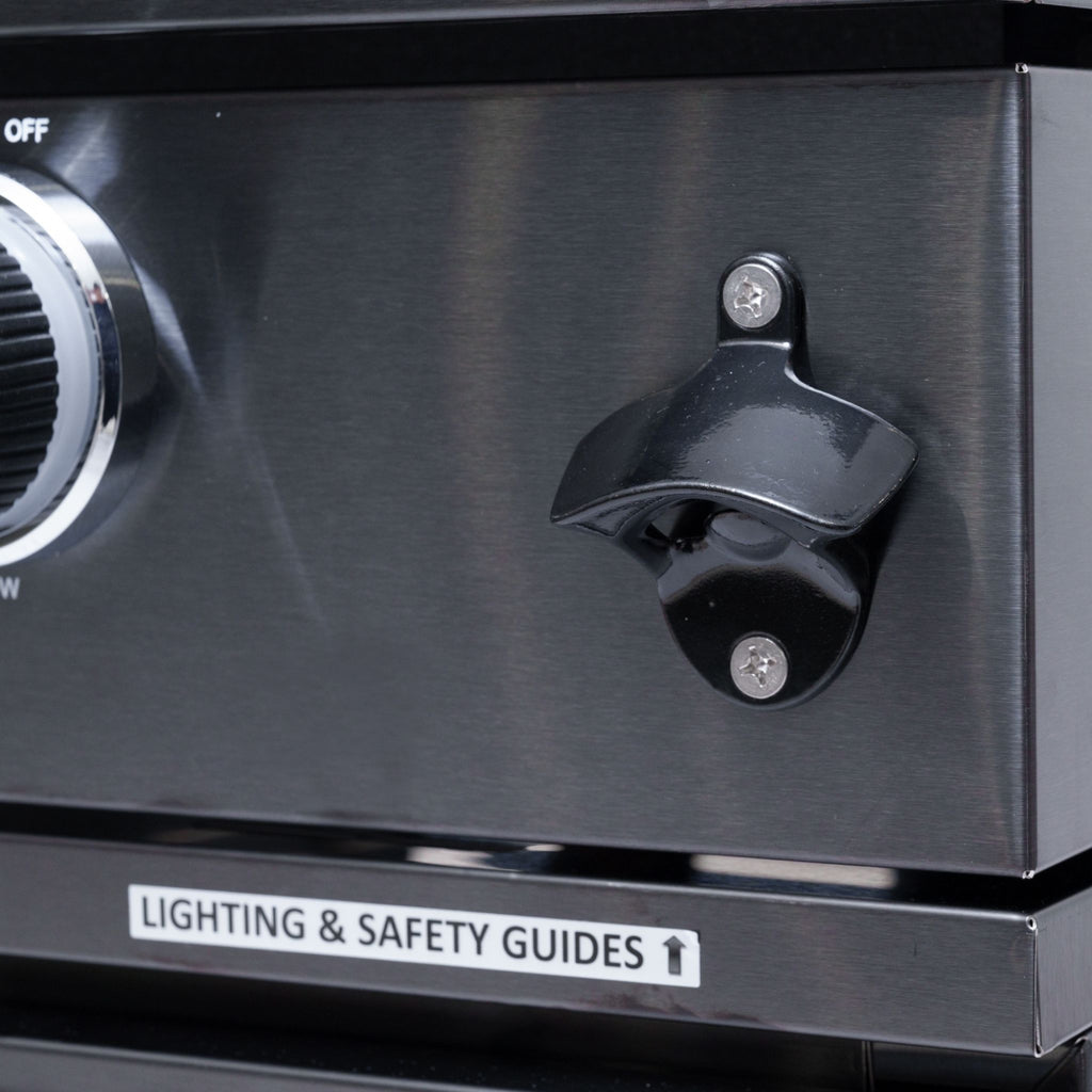 Castelle Flame Premium Black Stainless Steel 4-Burner Gas Grill With Rotisserie Kit (SAK48157) - Saksby Wholesale - Bottle Opener