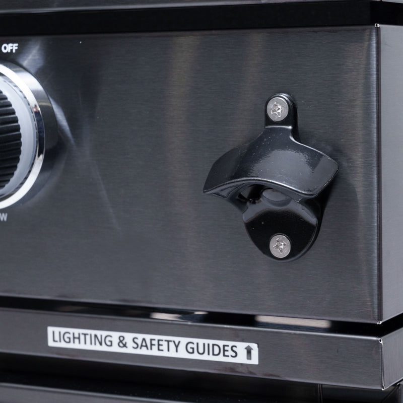 Castelle Flame Premium Black Stainless Steel 4-Burner Gas Grill With Rotisserie Kit (SAK48157) - Saksby Wholesale - Bottle Opener