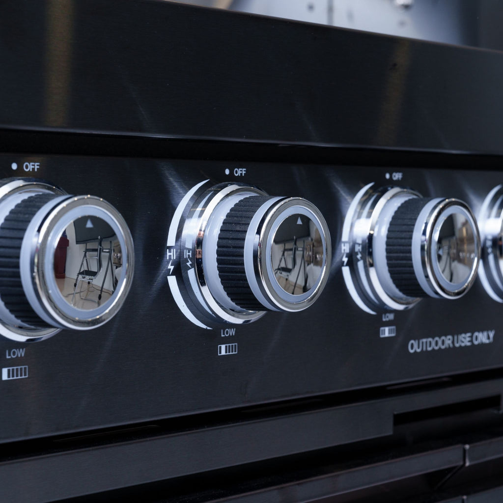 Castelle Flame Premium Black Stainless Steel 4-Burner Gas Grill With Rotisserie Kit (SAK48157) - Saksby Wholesale - Burner Control