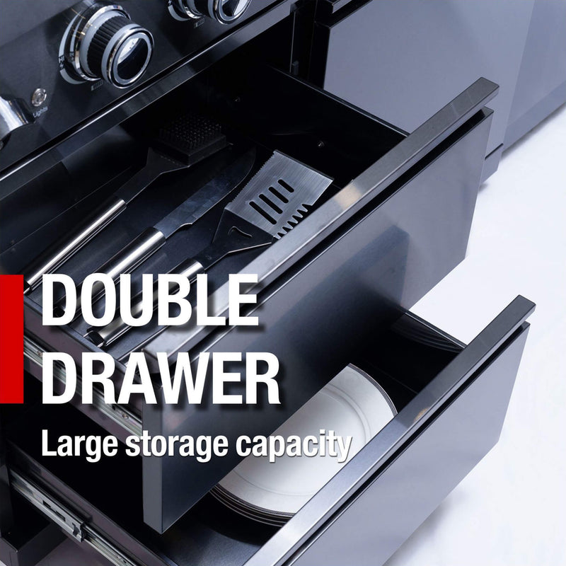 Castelle Flame Premium Black Stainless Steel 4-Burner Gas Grill With Rotisserie Kit (SAK48157) - Saksby Wholesale - Double Drawer