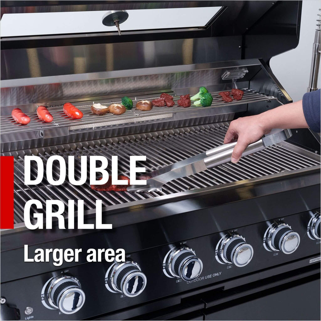 Castelle Flame Premium Black Stainless Steel 4-Burner Gas Grill With Rotisserie Kit (SAK48157) - Saksby Wholesale - Double Grill Feature