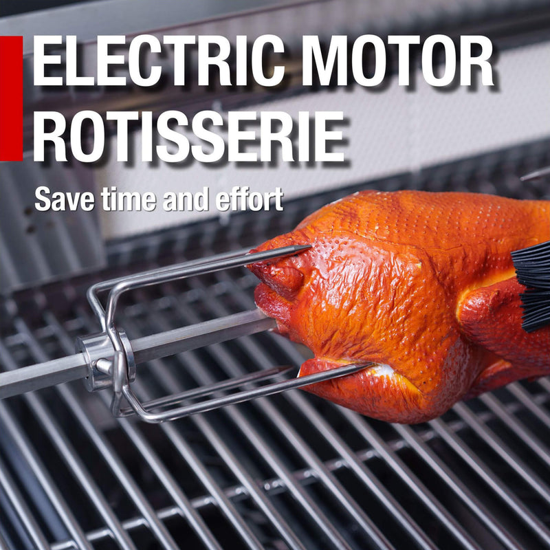 Castelle Flame Premium Black Stainless Steel 4-Burner Gas Grill With Rotisserie Kit (SAK48157) - Saksby Wholesale - Electric Motor Feature