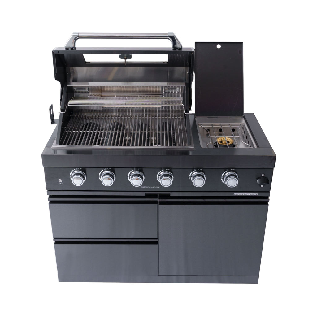 Castelle Flame Premium Black Stainless Steel 4-Burner Gas Grill With Rotisserie Kit (SAK48157) - Saksby Wholesale - Front Top View