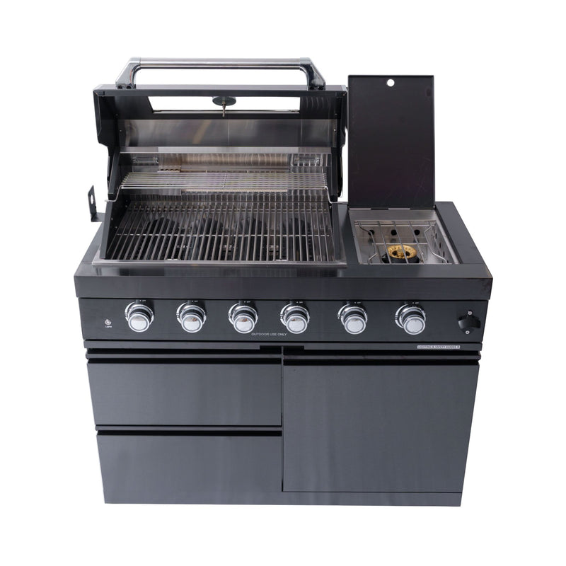 Castelle Flame Premium Black Stainless Steel 4-Burner Gas Grill With Rotisserie Kit (SAK48157) - Saksby Wholesale - Front Top View