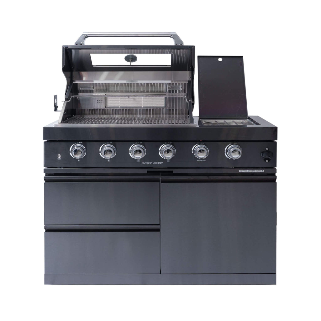 Castelle Flame Premium Black Stainless Steel 4-Burner Gas Grill With Rotisserie Kit (SAK48157) - Saksby Wholesale - Front View