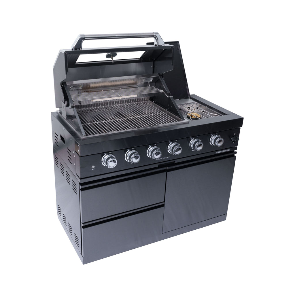 Castelle Flame Premium Black Stainless Steel 4-Burner Gas Grill With Rotisserie Kit (SAK48157) - Saksby Wholesale - Side Front View