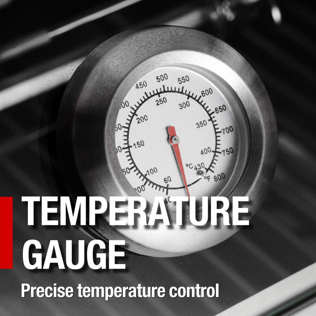 Castelle Flame Premium Black Stainless Steel 4-Burner Gas Grill With Rotisserie Kit (SAK48157) - Saksby Wholesale - Temperature Gauge