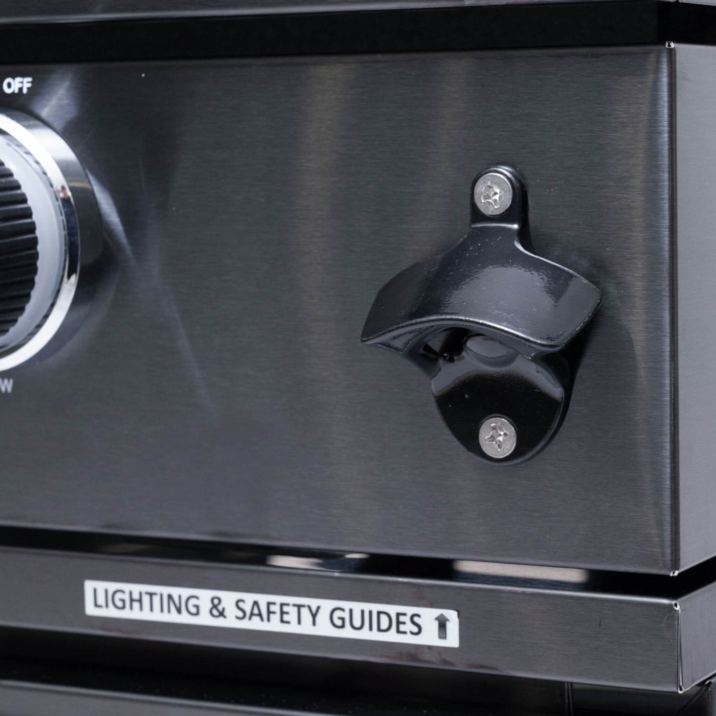 Castelle Flame Premium Black Stainless Steel 6-Burner Gas Grill Kitchen Island With Rotisserie Kit (SAK82641) - Saksby Wholesale - Bottle Opener View