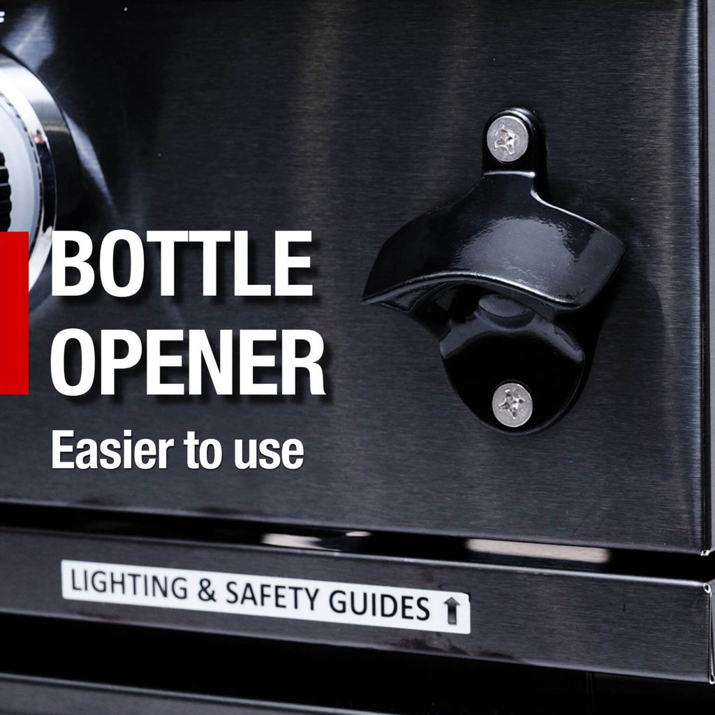 Castelle Flame Premium Black Stainless Steel 6-Burner Gas Grill Kitchen Island With Rotisserie Kit (SAK82641) - Saksby Wholesale - Bottle Opener Feature