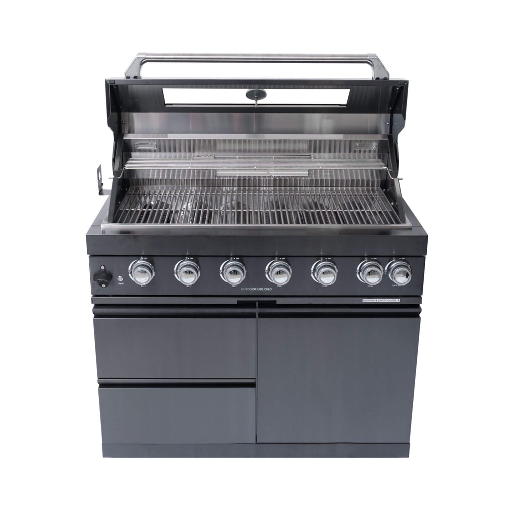 Castelle Flame Premium Black Stainless Steel 6-Burner Gas Grill Kitchen Island With Rotisserie Kit (SAK82641) - Saksby Wholesale - Center View